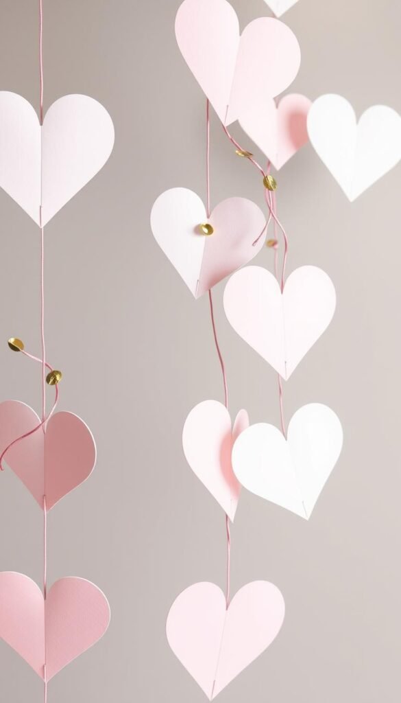 Generate an image of a heart-shaped paper garland with gold accents