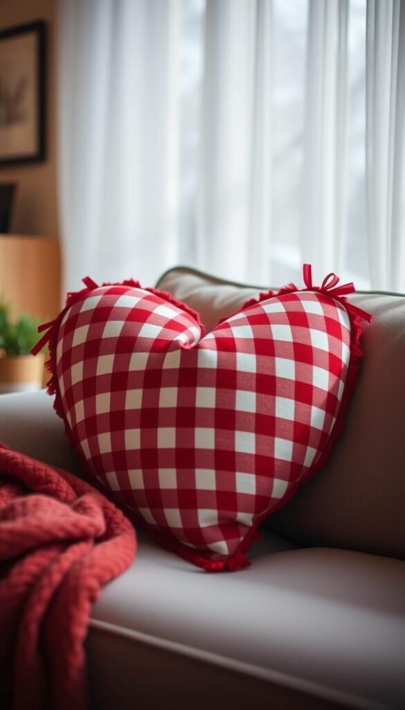 Generate an image of a heart-shaped pillow with a red and white checkered pattern.