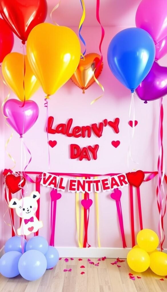 Generate an image of a kid-friendly Valentine's Day decoration featuring heart-shaped balloons and colorful streamers.