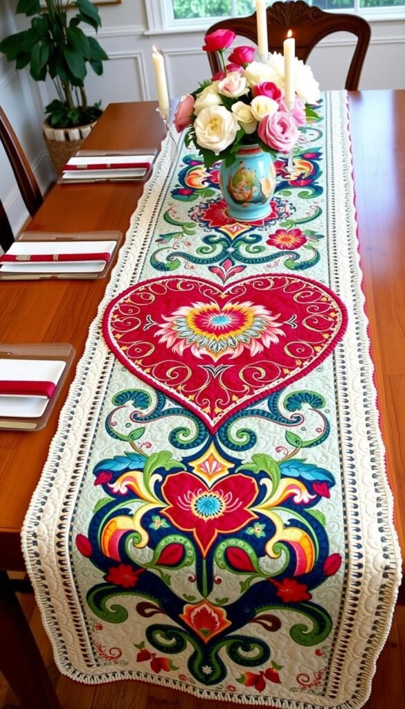 Generate an image of a quilted heart table runner with intricate designs.