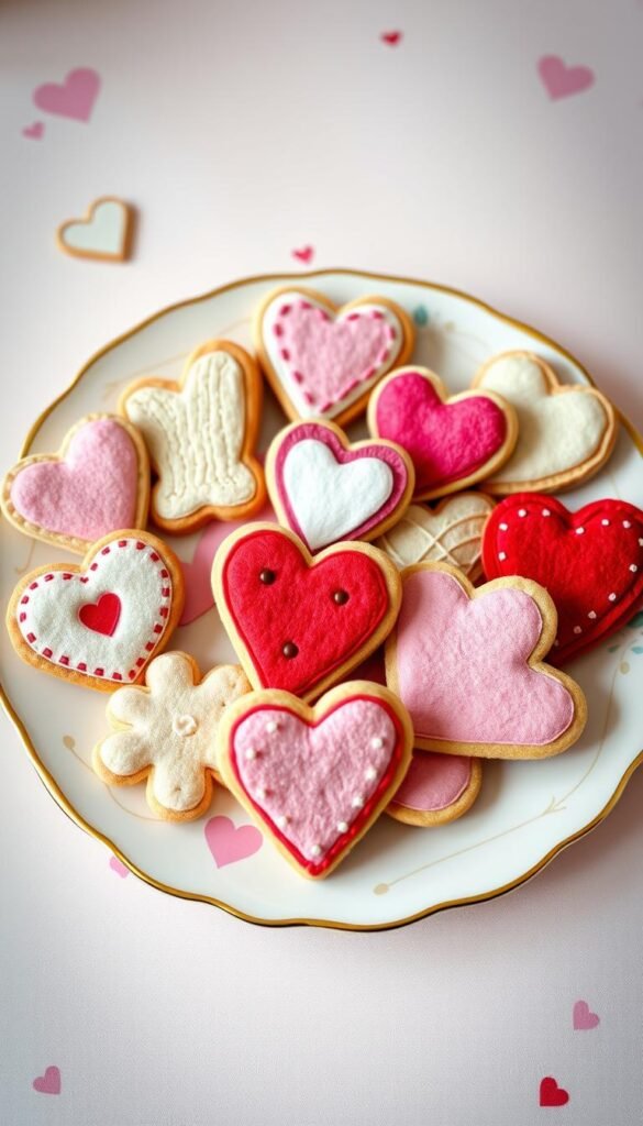 Generate an image of a set of Valentine felt cookies in different shapes and colors.