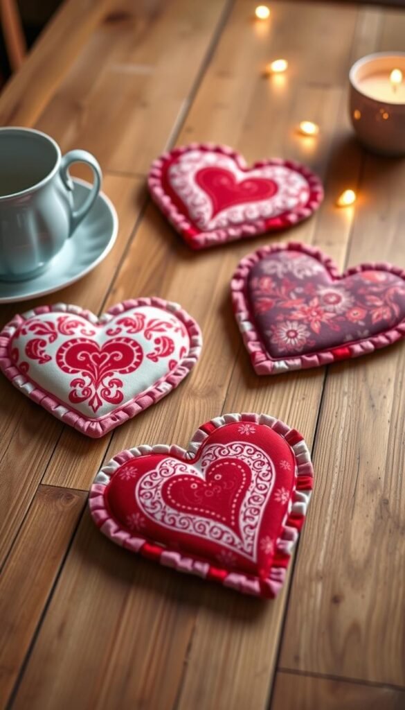 Generate an image of a set of fabric heart coasters with a Valentine's Day theme.