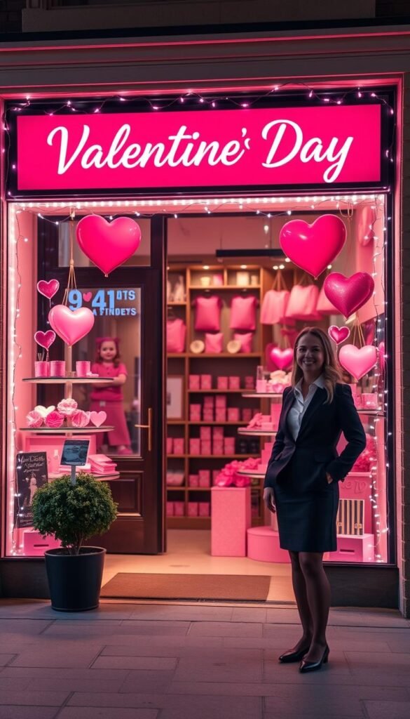 Generate an image of a storefront with LED lights and soft pink hues for a Valentine's Day display.