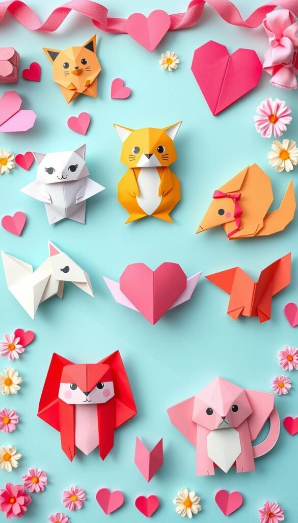 Generate an image of a variety of cute origami animals suitable for Valentine's Day. Generate an image of a variety of cute origami animals suitable for Valentine's Day.
