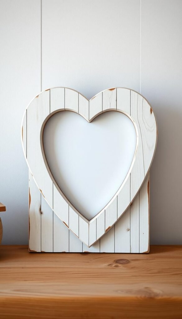 Generate an image of a wooden heart picture frame with a whitewashed finish.