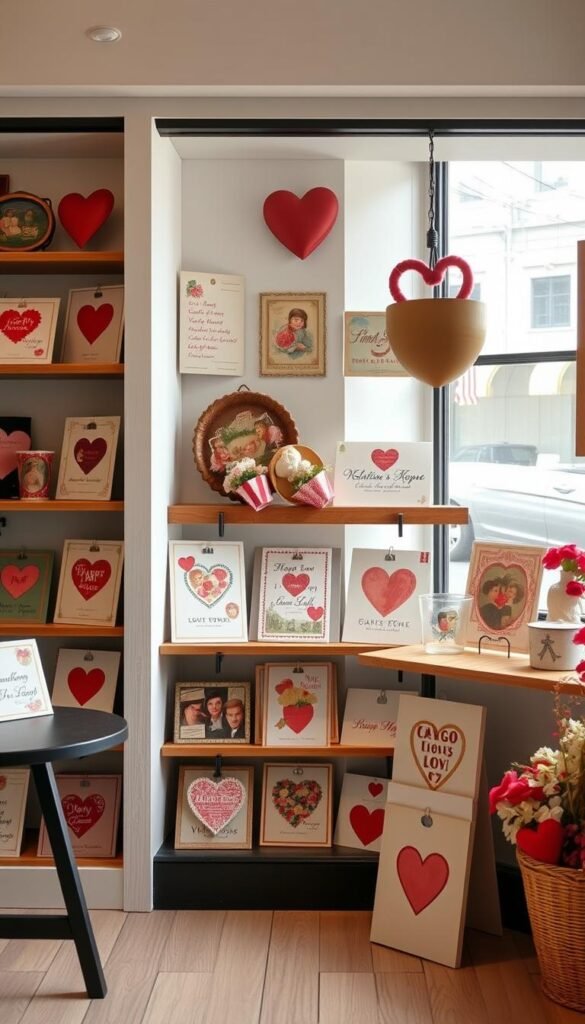 Generate an image of an online storefront featuring a variety of vintage-inspired Valentine's Day cards and postcards. Generate an image of an online storefront featuring a variety of vintage-inspired Valentine's Day cards and postcards.