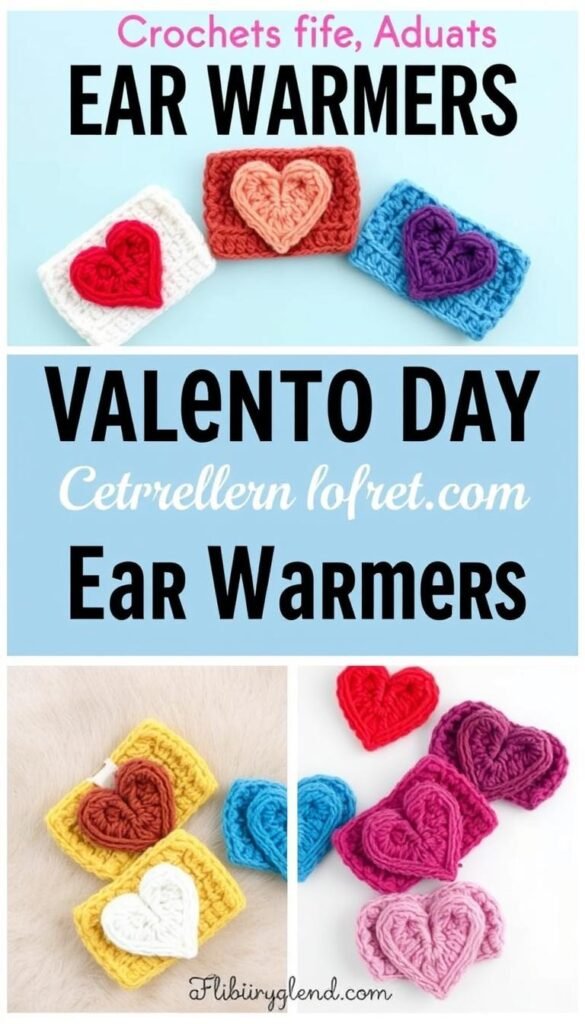 Generate an image of crochet Valentine ear warmers with heart motifs.