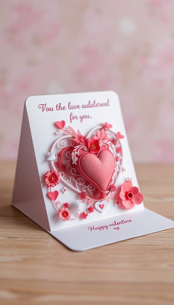 Handmade Valentine card with a 3D heart and floral decorations