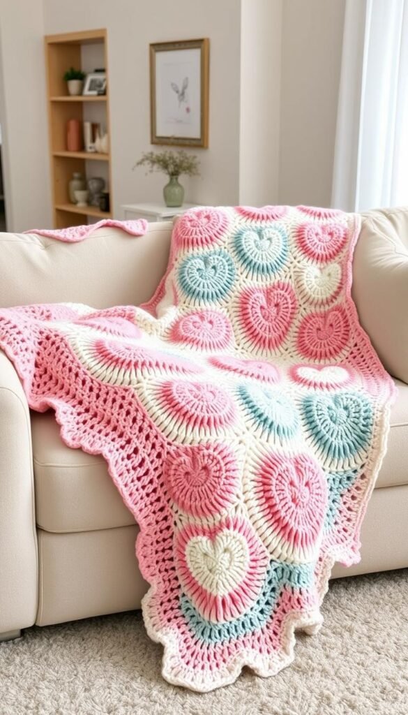 Heart-patterned crochet blanket in pastel colors