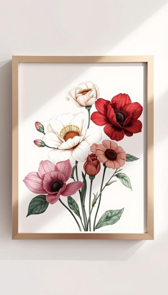 Illustrate a detailed botanical print featuring flowers associated with love and devotion, framed in a modern frame. Illustrate a detailed botanical print featuring flowers associated with love and devotion, framed in a modern frame.