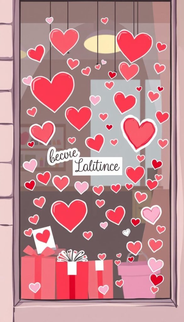 Illustrate a storefront window with decorative valentine-themed stickers and decals.