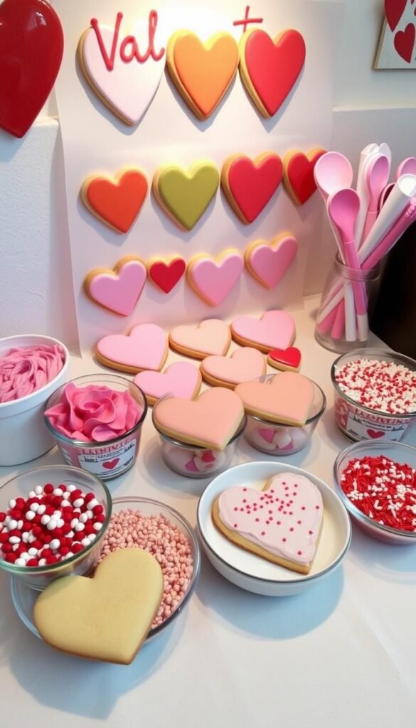 Image of a Valentine cookie decorating station with heart-shaped cookies, colored frostings, and sprinkles Image of a Valentine cookie decorating station with heart-shaped cookies, colored frostings, and sprinkles