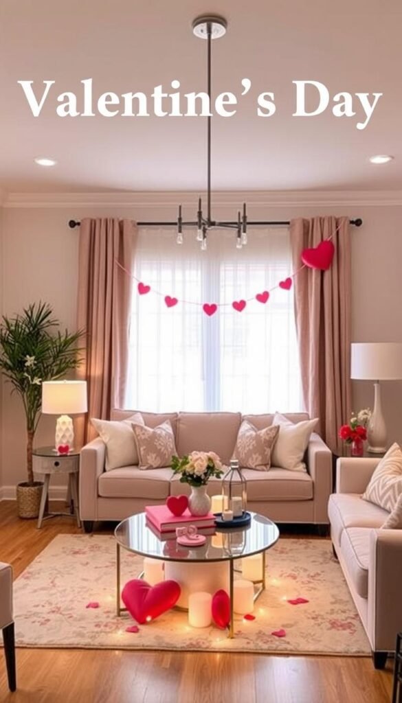 Image of a beautifully decorated living room with Valentine's Day decorations on a budget