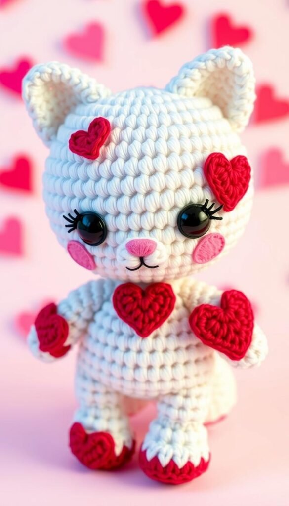 Image of a crochet Valentine Kitty Amigurumi