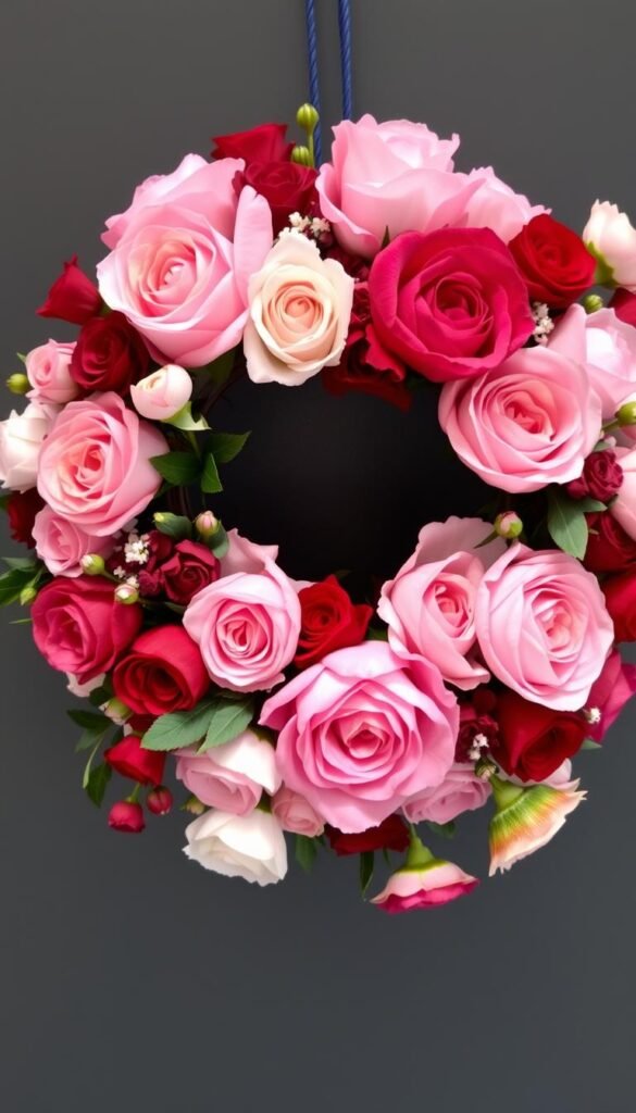 Image of a floral Valentine wreath with roses, peonies, and ranunculus in shades of pink and red. Image of a floral Valentine wreath with roses, peonies, and ranunculus in shades of pink and red.