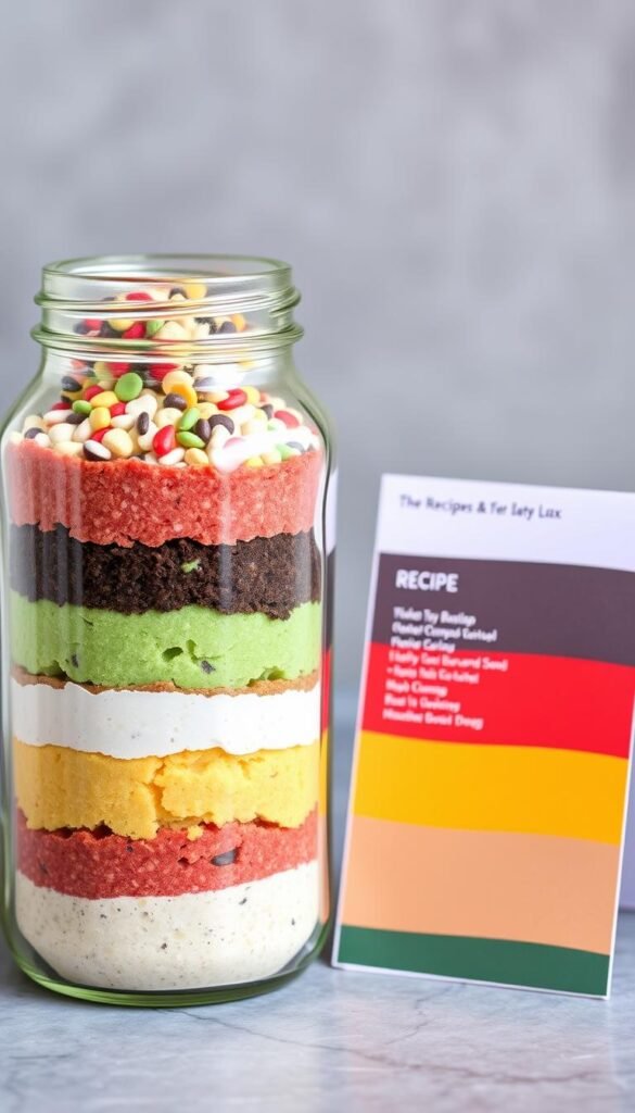 Image of a layered cookie mix in a jar with colorful layers and a recipe card Image of a layered cookie mix in a jar with colorful layers and a recipe card