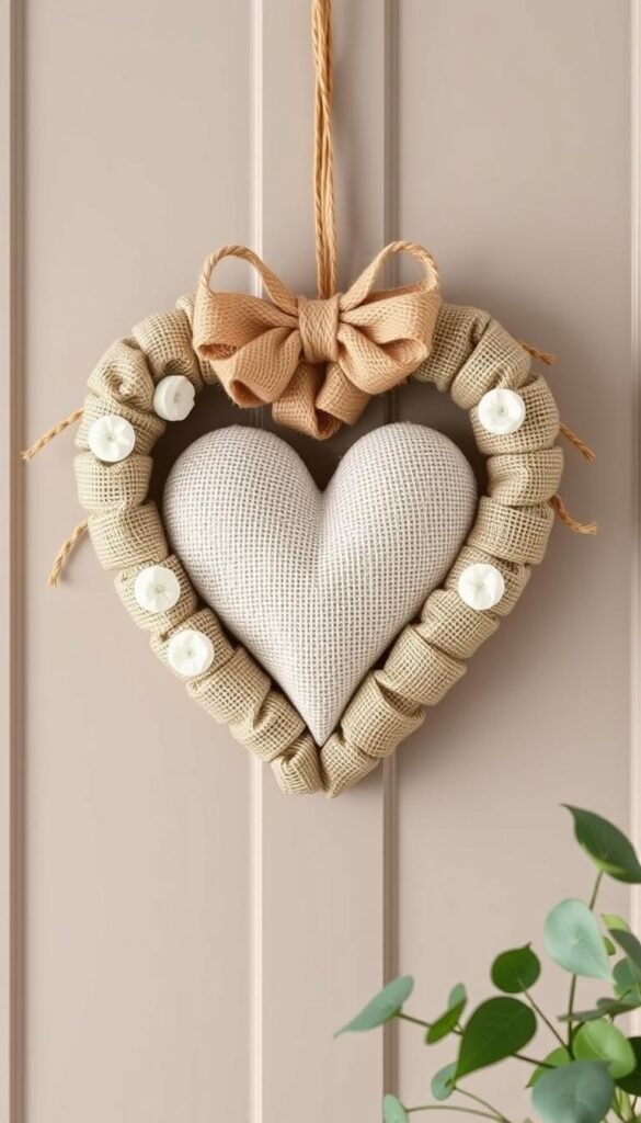 Image of a modern farmhouse heart wreath featuring neutral colors and natural textures like burlap and jute. Image of a modern farmhouse heart wreath featuring neutral colors and natural textures like burlap and jute.