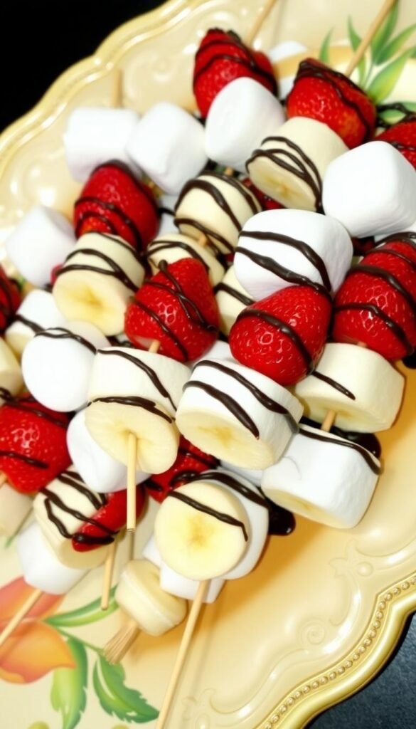 Image of chocolate-drizzled fruit skewers with strawberries, banana slices, and marshmallows Image of chocolate-drizzled fruit skewers with strawberries, banana slices, and marshmallows