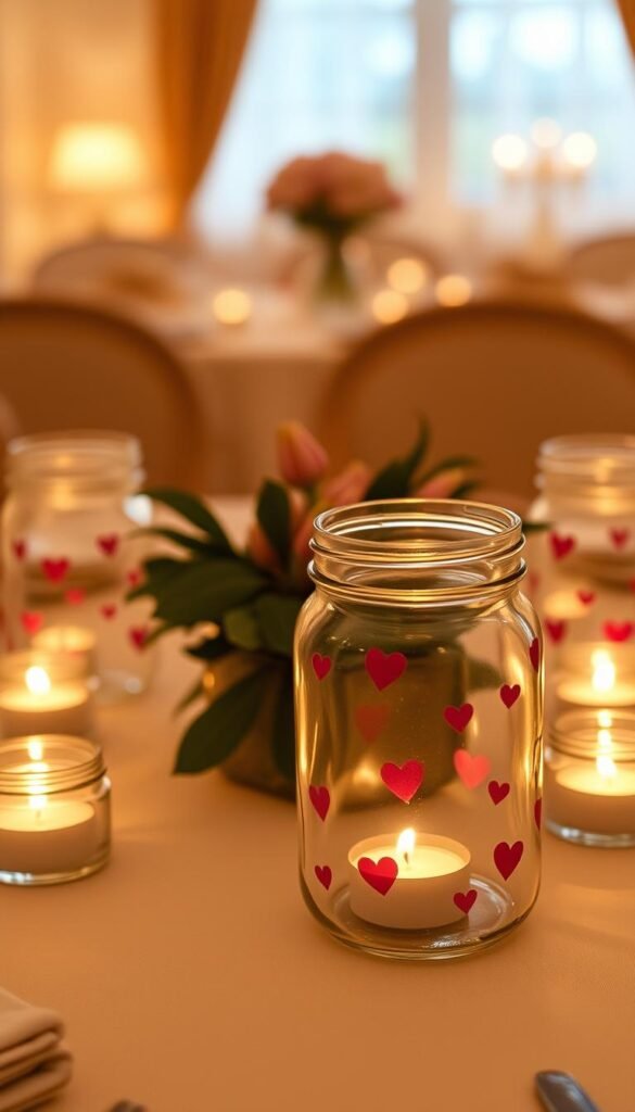 Image of mason jars with heart patterns and tea lights inside