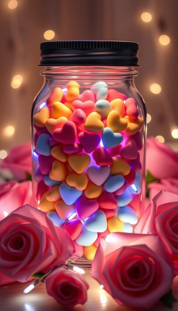 Picture a mason jar filled with candy hearts, faux roses, and fairy lights, creating a warm and cozy ambiance. Picture a mason jar filled with candy hearts, faux roses, and fairy lights, creating a warm and cozy ambiance.