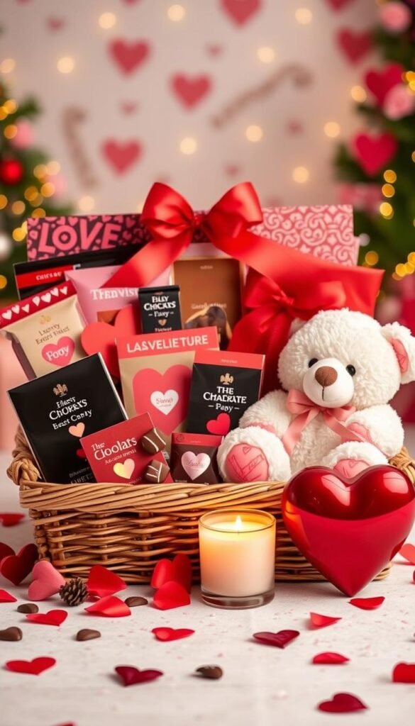 Valentine gift basket with chocolates, a teddy bear, and a heart-shaped candle